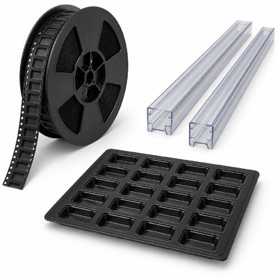 Configurable ESD Electronic Component Packaging Solution with IC Tube Carrier Tape Plastic Reel and Blister Tray Options for Storage and Transport